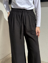 Linen Drawstring Pants-Black