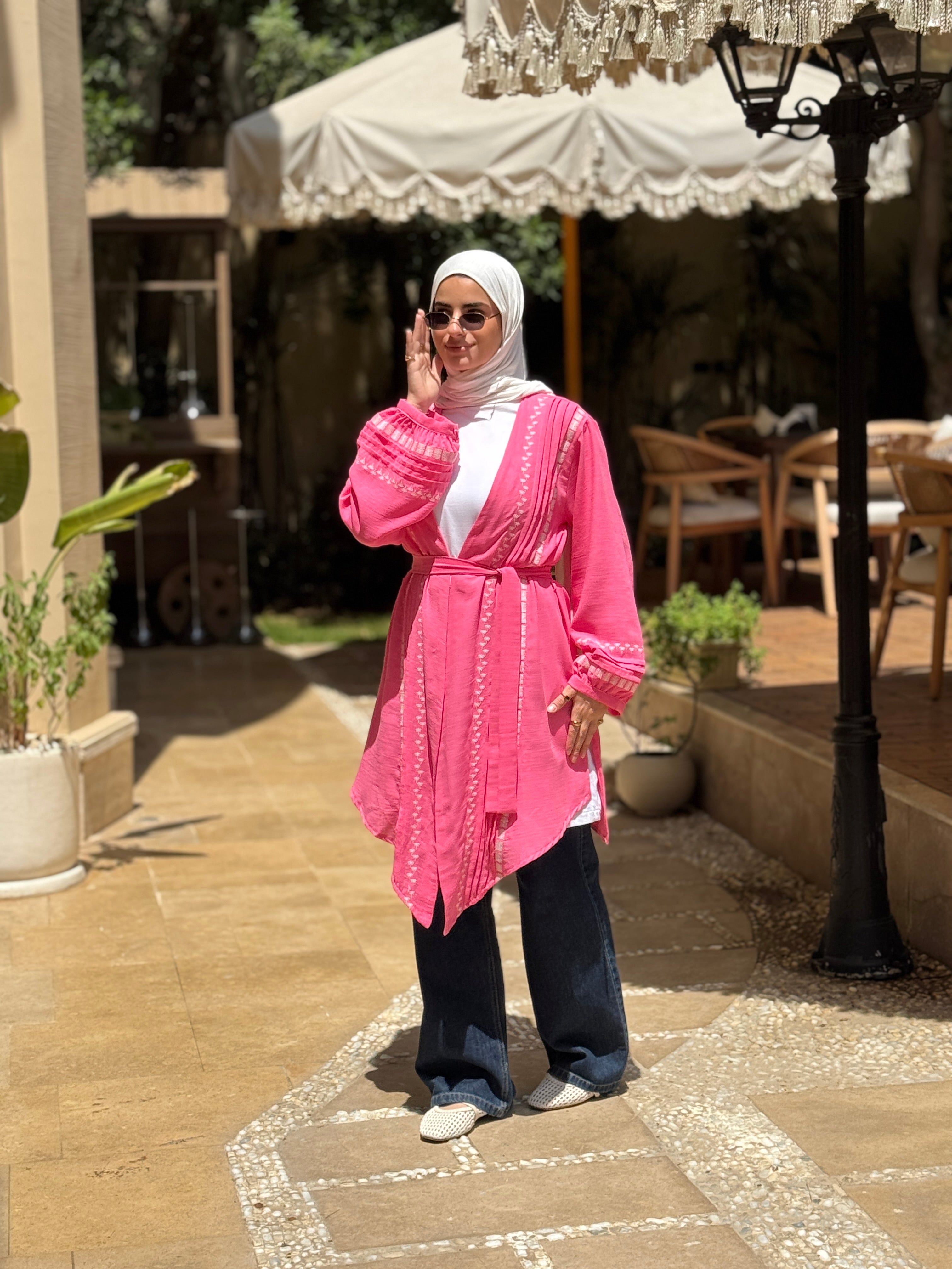 Palms Embroidery Cardigan - pink