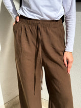Linen Drawstring Pants-Brown