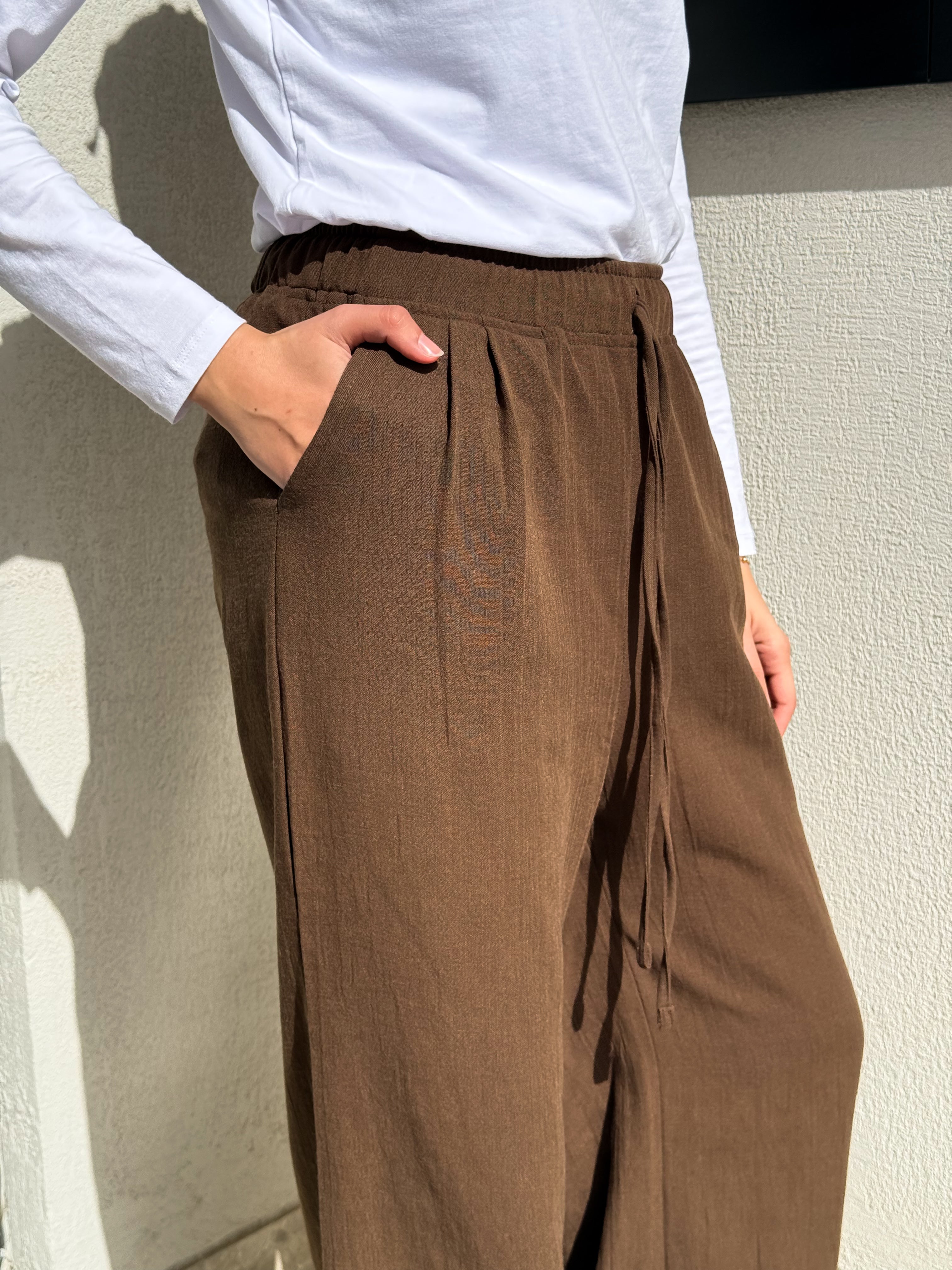 Linen Drawstring Pants-Brown