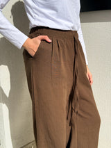 Linen Drawstring Pants-Brown