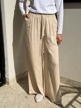 Linen Drawstring Pants-Beige