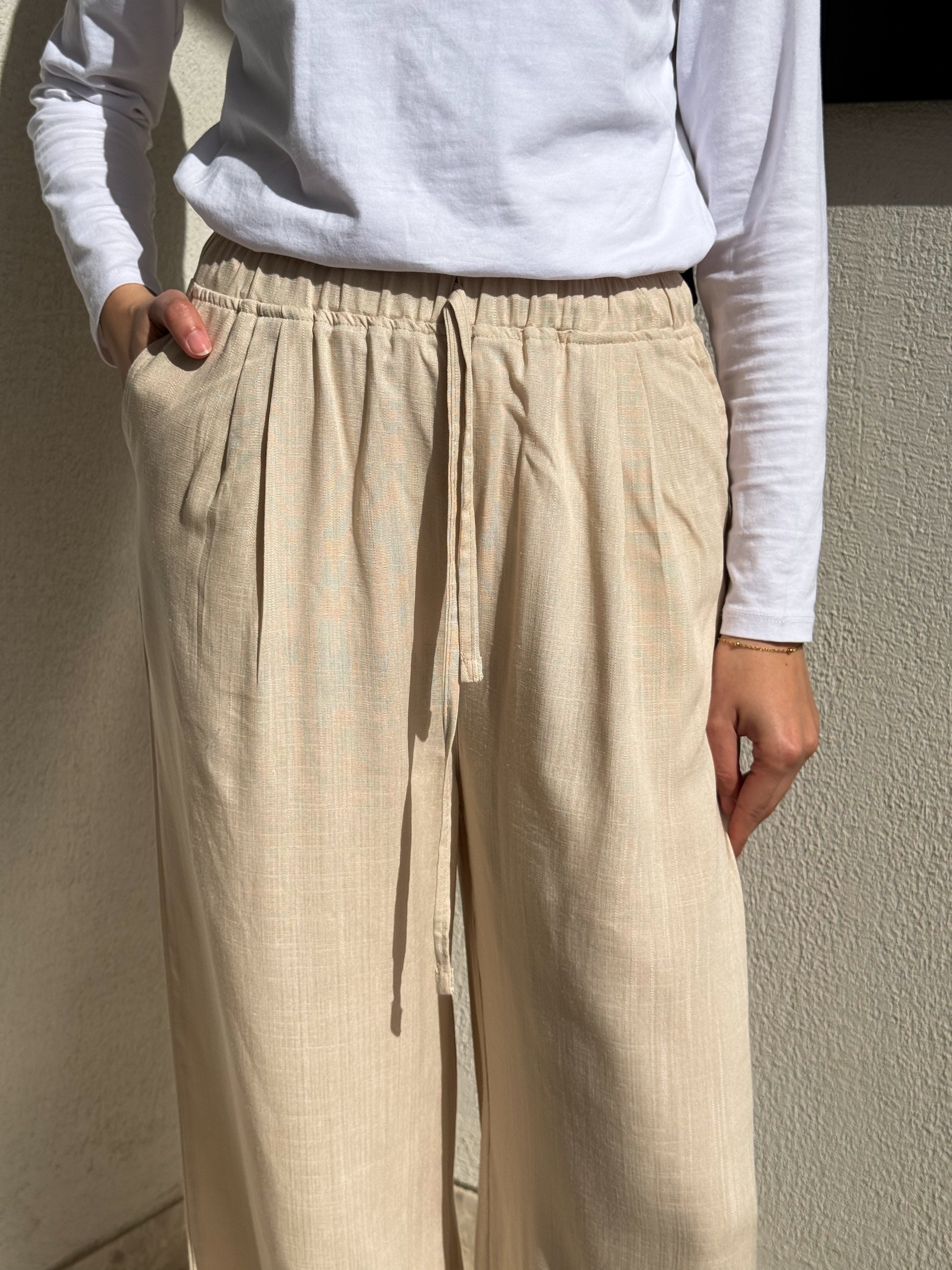 Linen Drawstring Pants-Beige