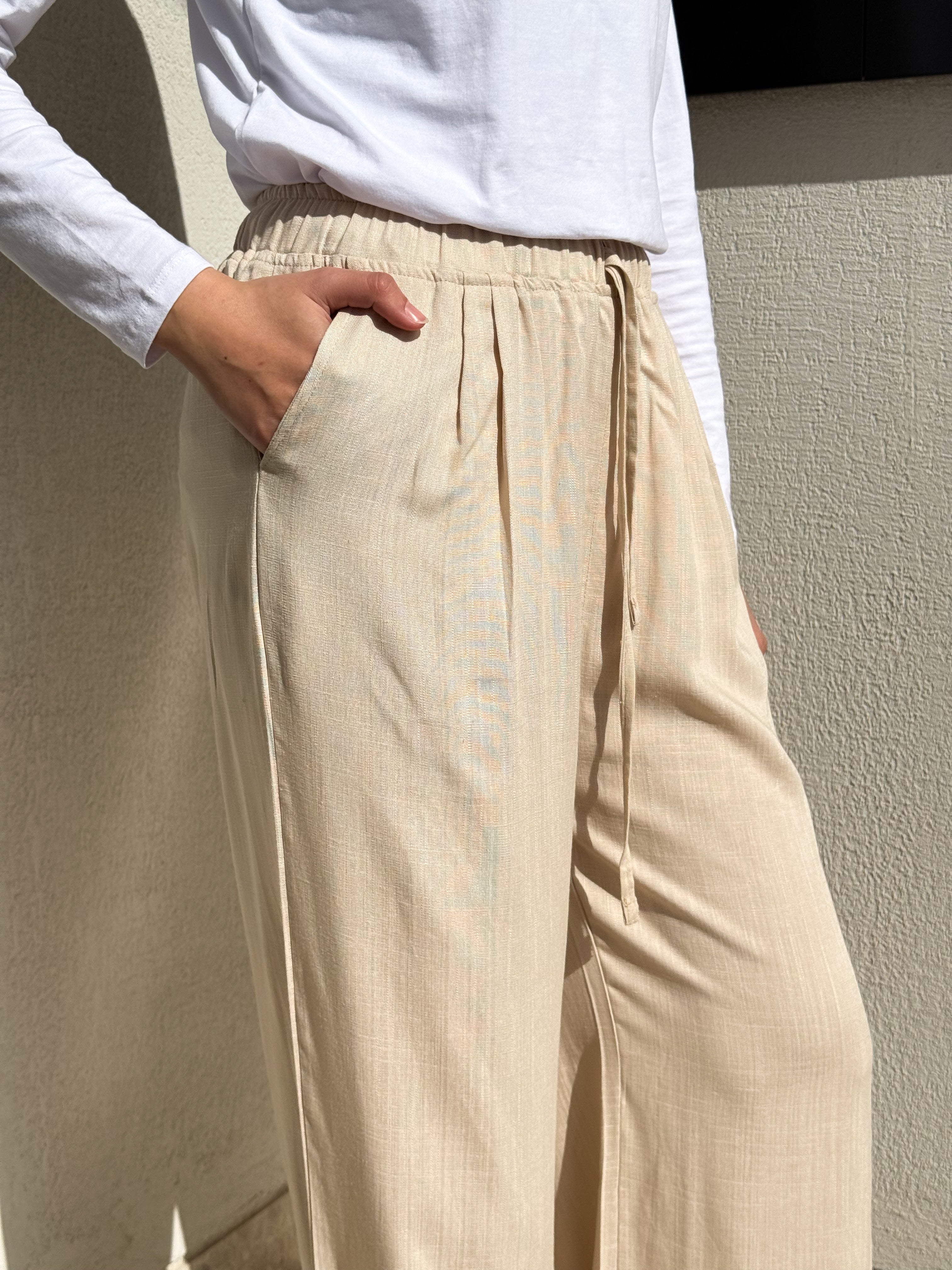 Linen Drawstring Pants-Beige
