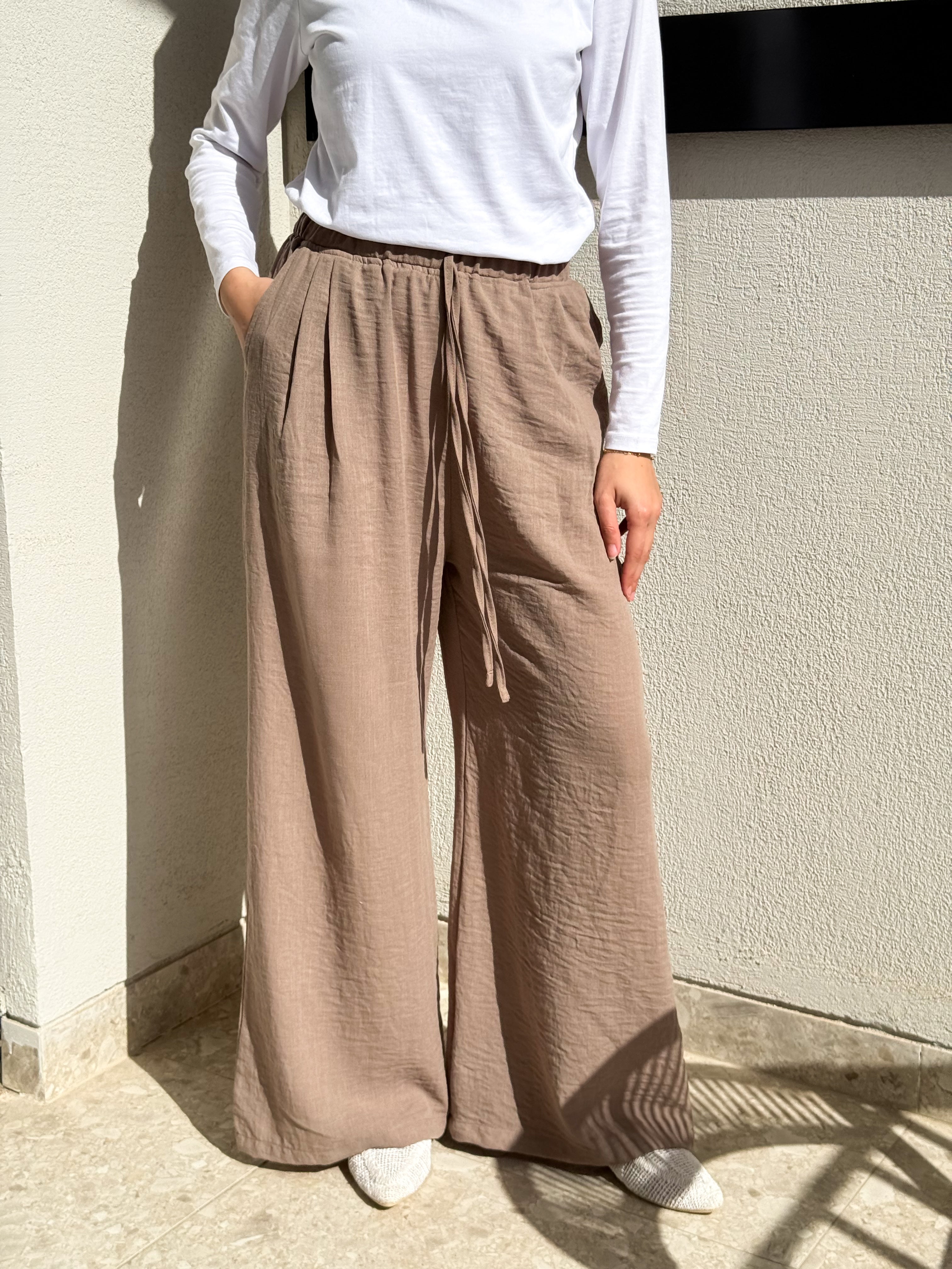 Linen Drawstring Pants-Cafe