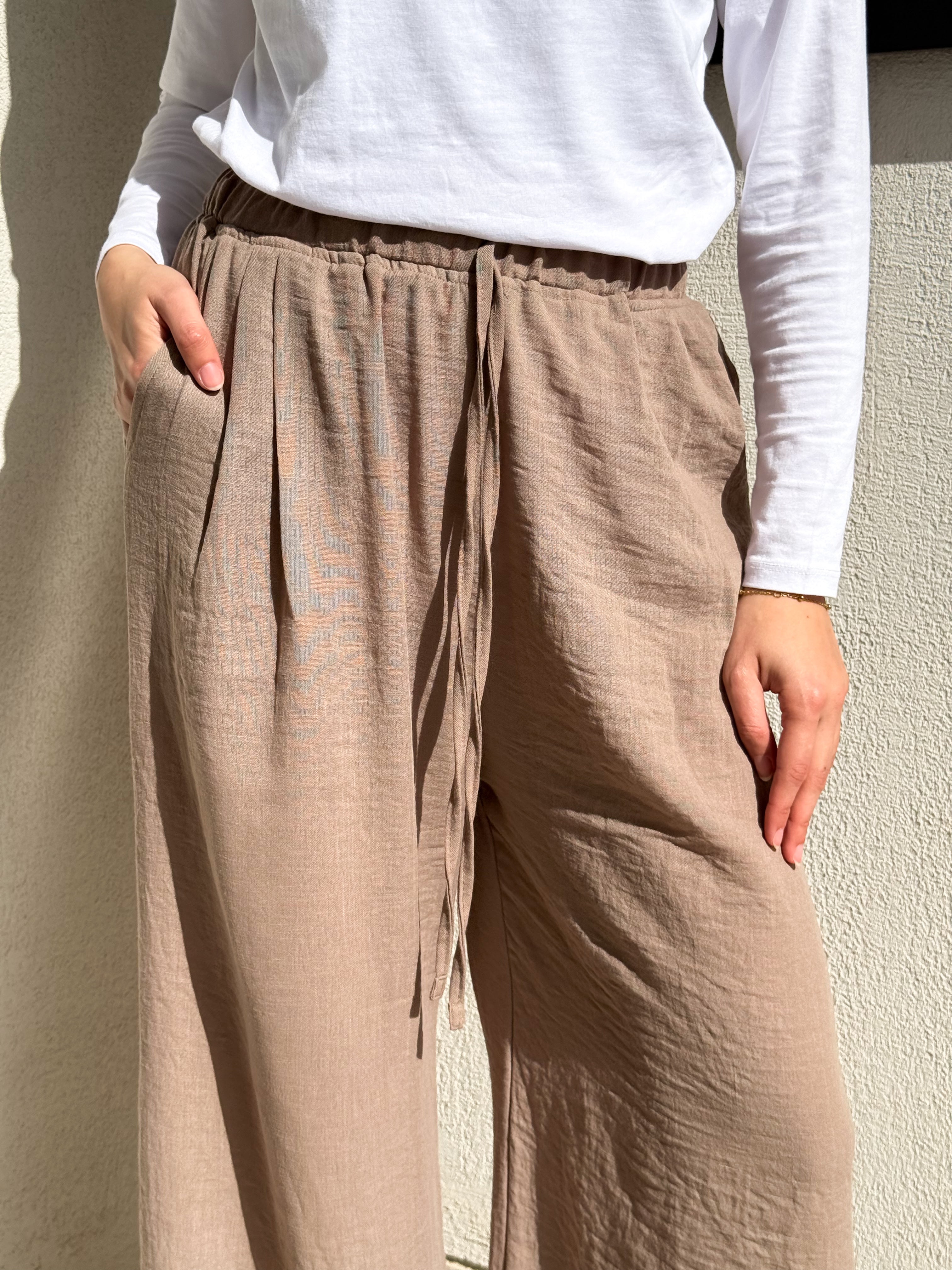 Linen Drawstring Pants-Cafe