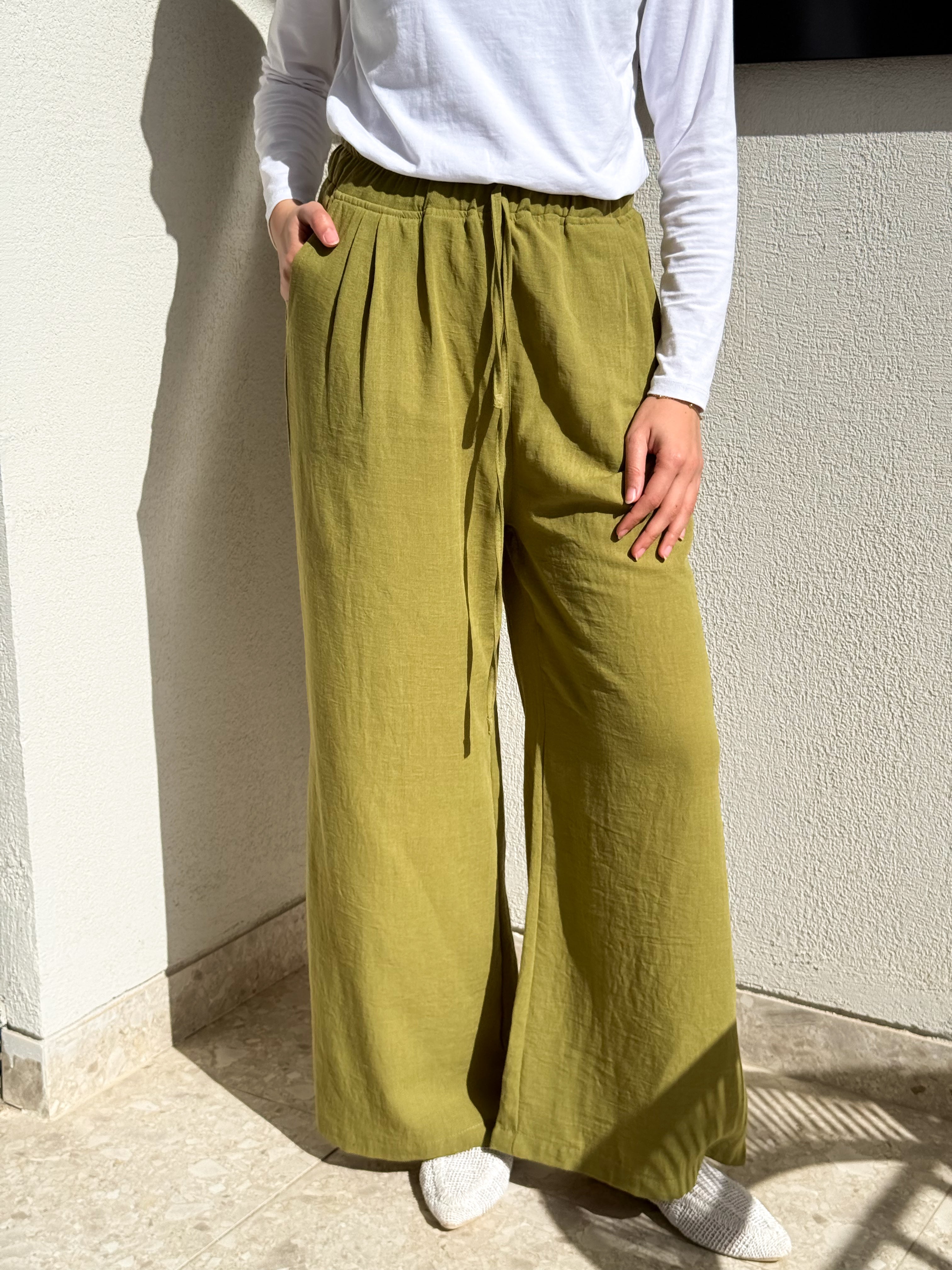 Linen Drawstring Pants-Lime