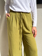 Linen Drawstring Pants-Lime