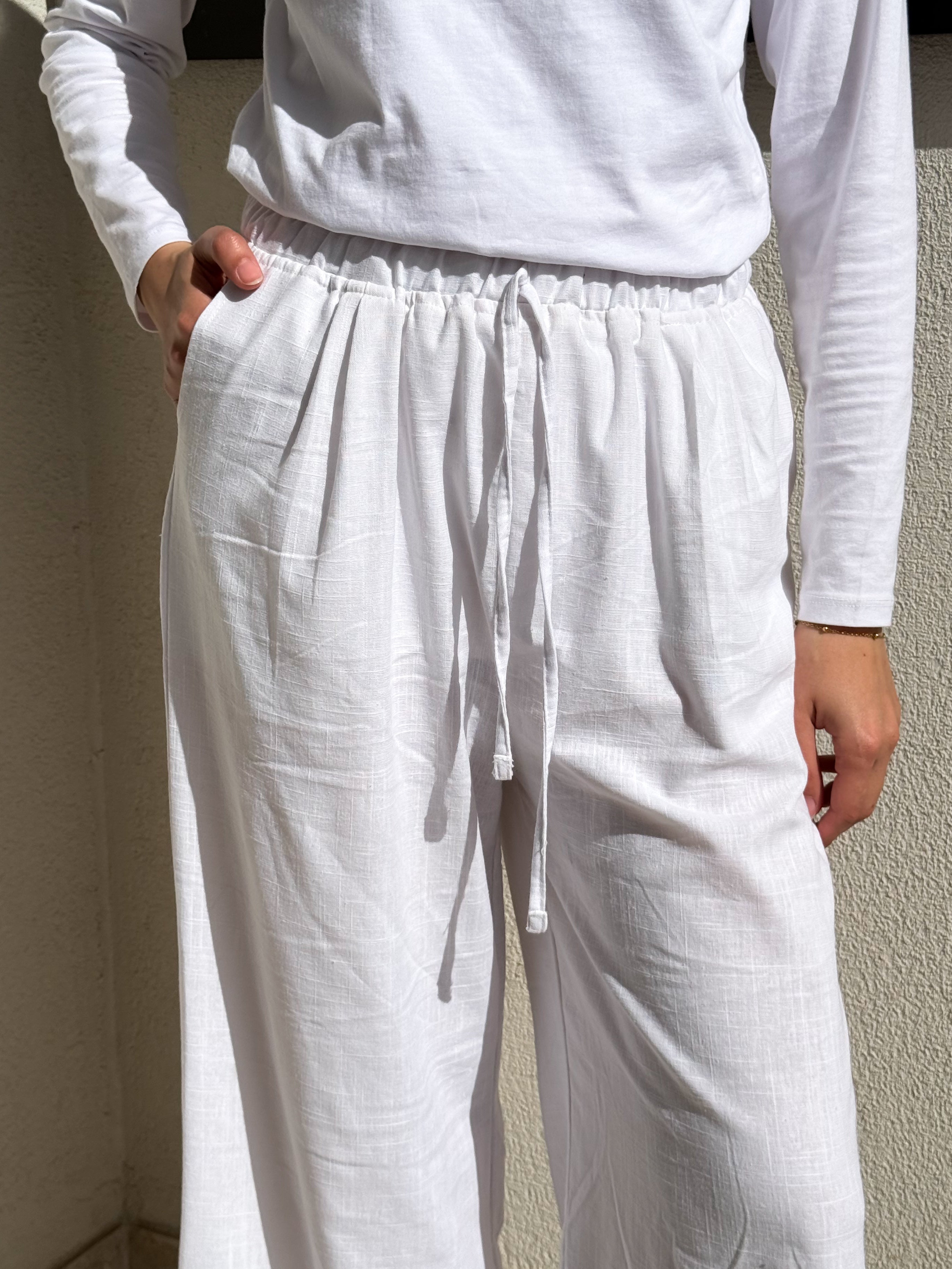Linen Drawstring Pants-White