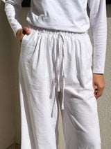 Linen Drawstring Pants-White