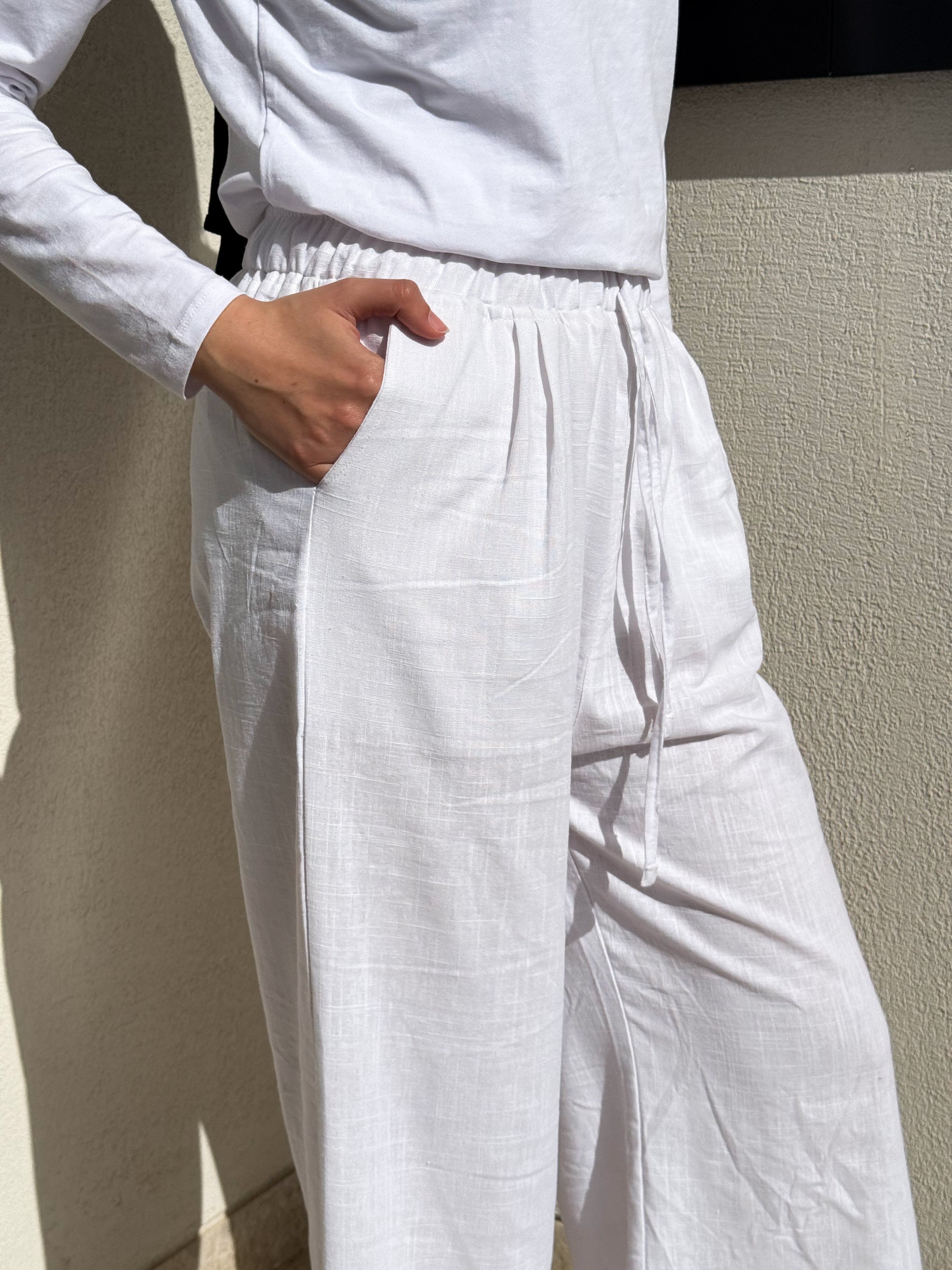 Linen Drawstring Pants-White