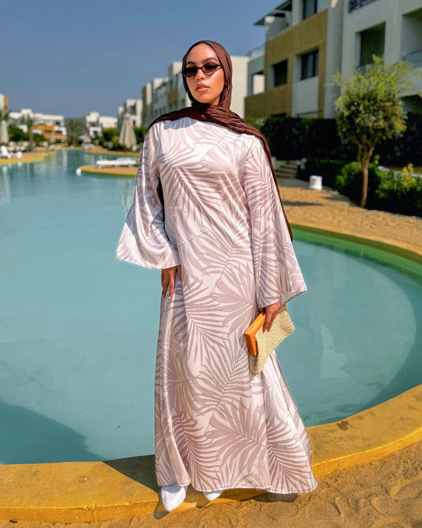 Printed Satin Dress - Beige