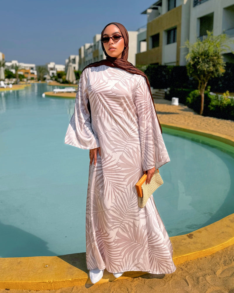 Printed Satin Dress - Beige
