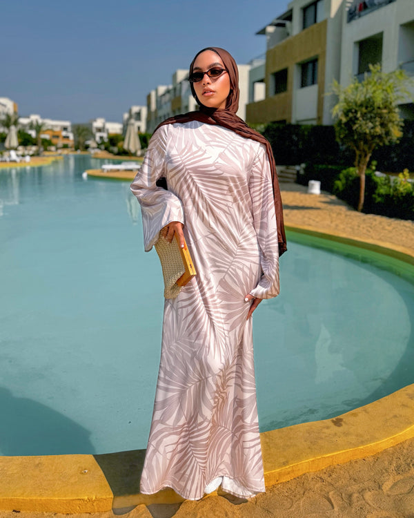 Printed Satin Dress - Beige