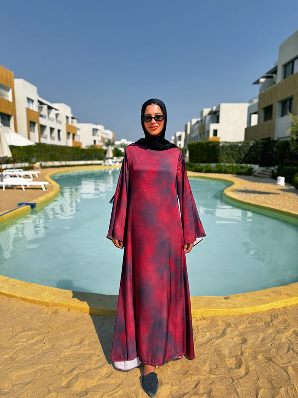 Printed Satin Dress - Maroon