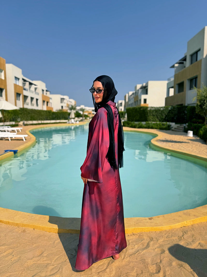 Printed Satin Dress - Maroon