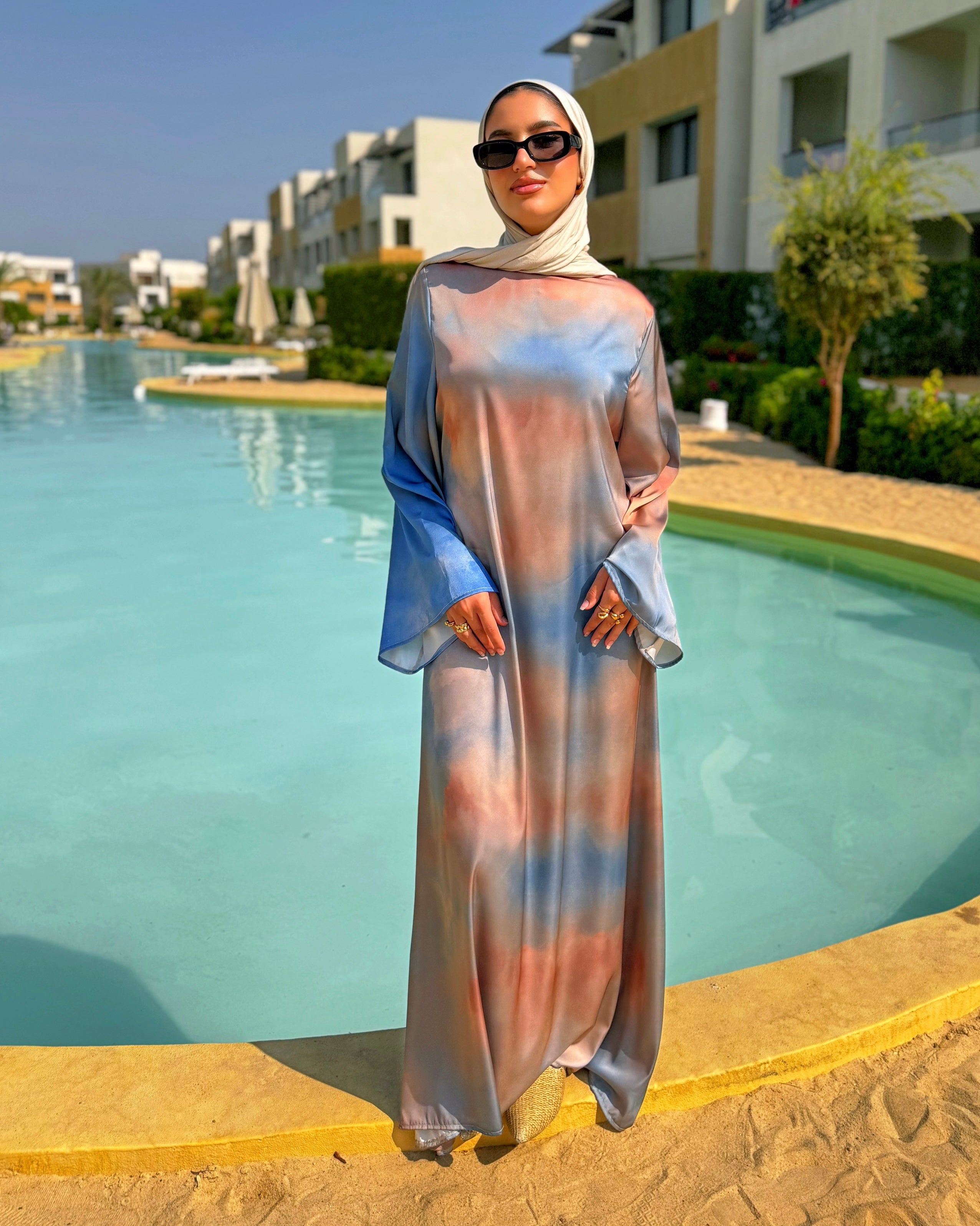 Printed Satin Dress - Blue