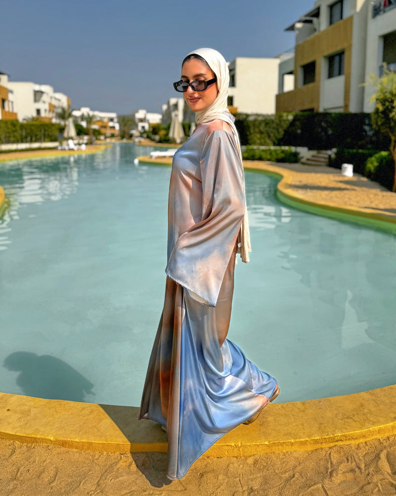 Printed Satin Dress - Blue