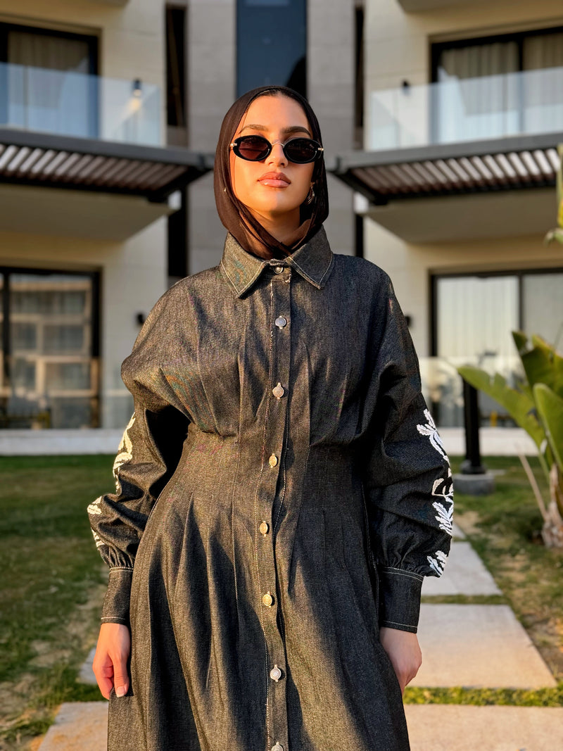 Embroidered Denim Dress - Black Hijab Boutique Embroidered Denim Dress - Black Hijab Boutique