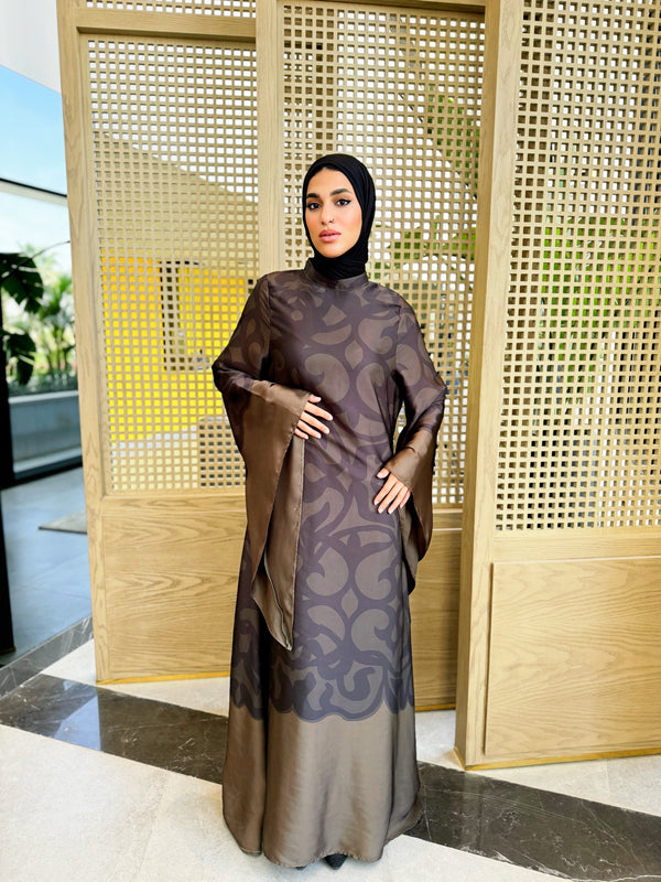 Long Sleeves Satin Dress - Olive ( available at stores only )
