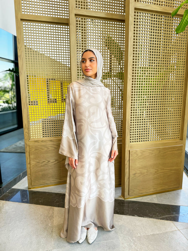 Long Sleeves Satin Dress - Beige ( available at stores only )