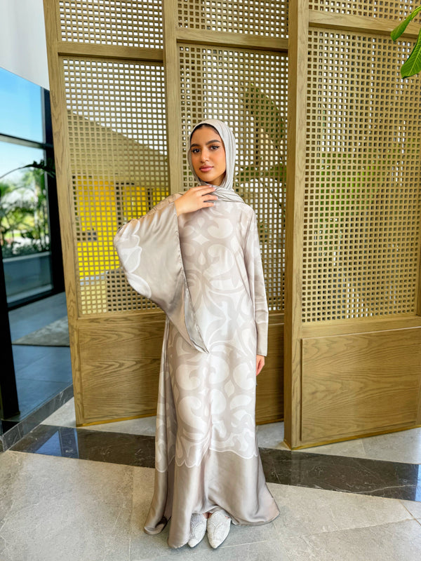 Long Sleeves Satin Dress - Beige ( available at stores only )