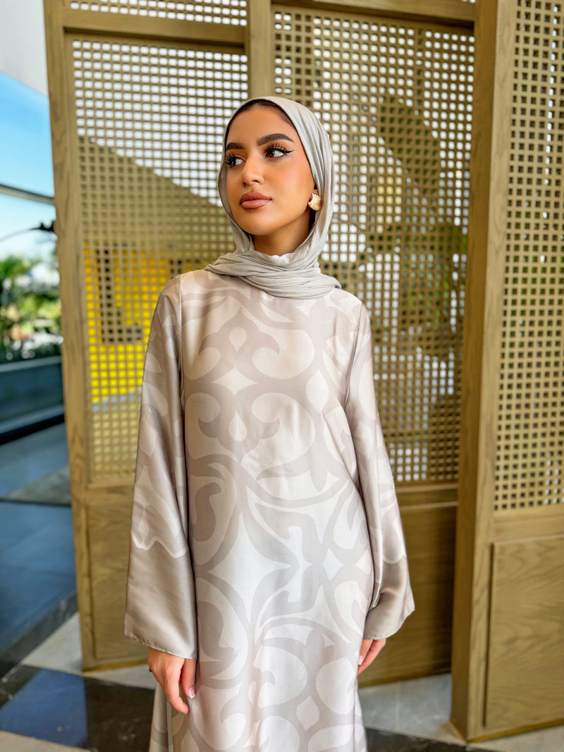Long Sleeves Satin Dress - Beige ( available at stores only )