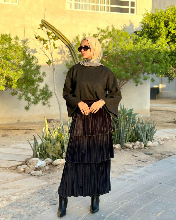 Layered Velvet Skirt-Black