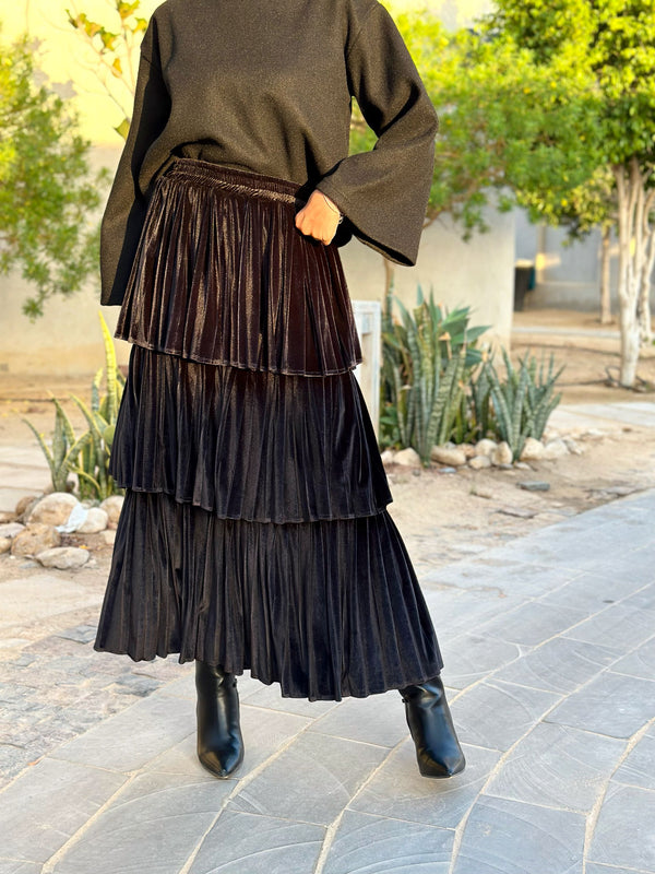 Layered Velvet Skirt-Black