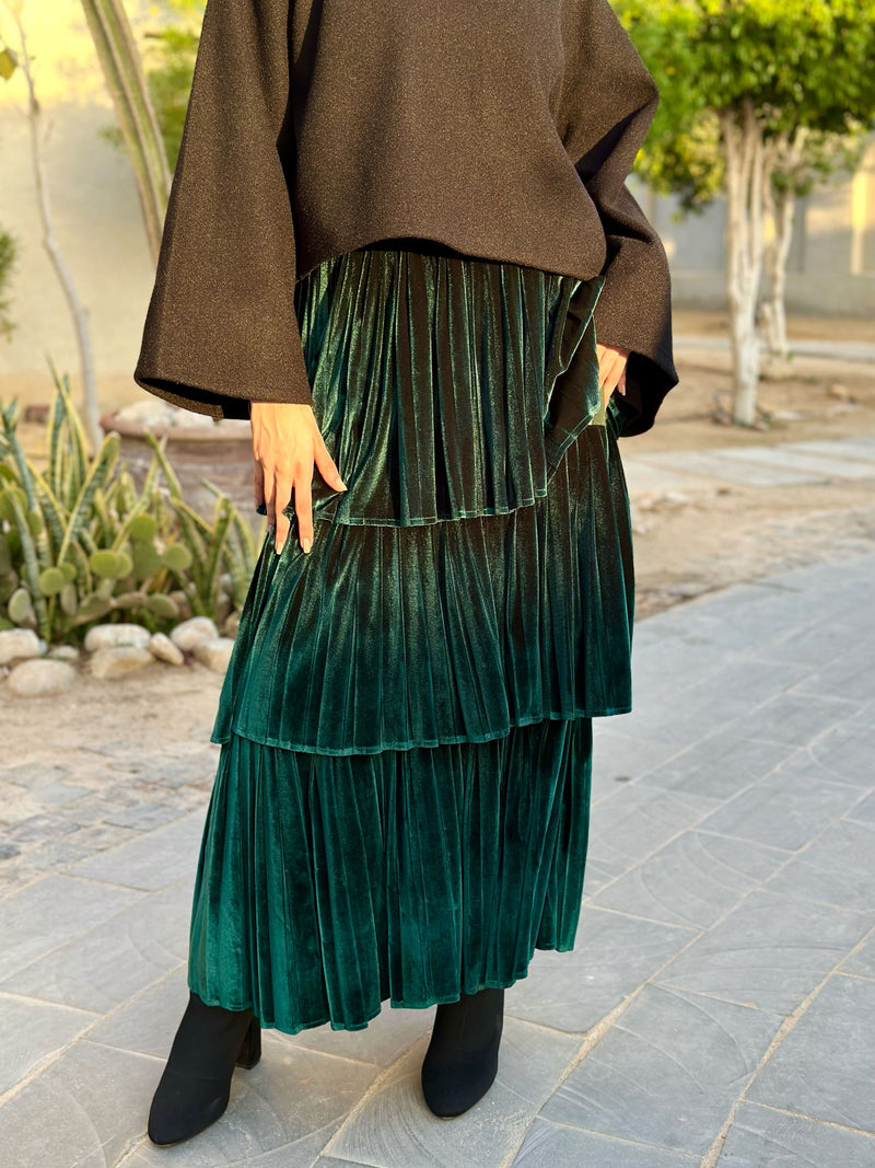 Layered Velvet Skirt-Green