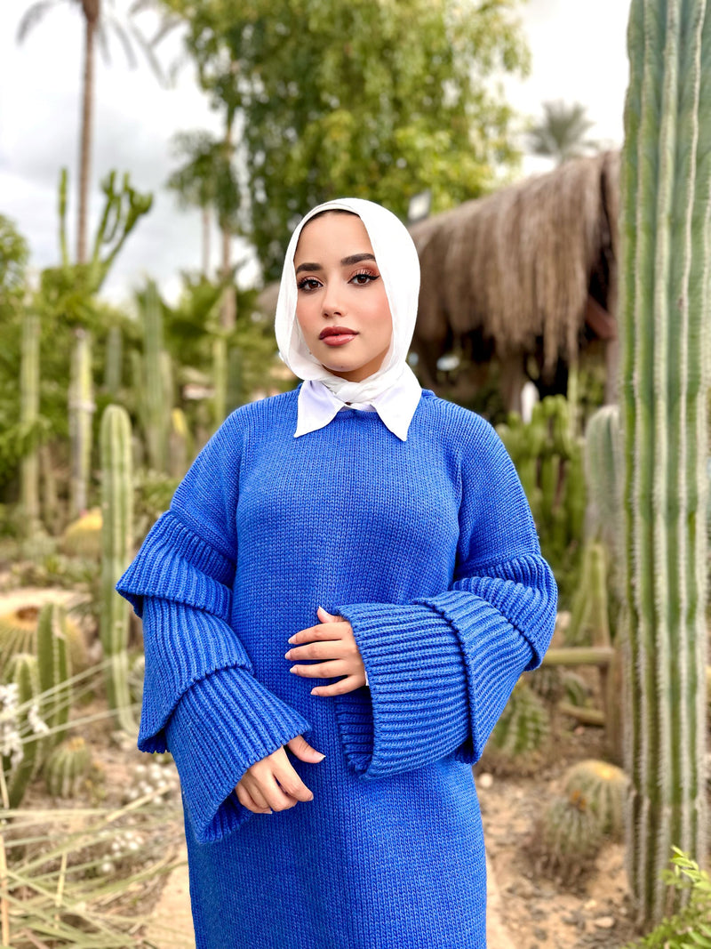 Layered Sleeves Pullover-Blue