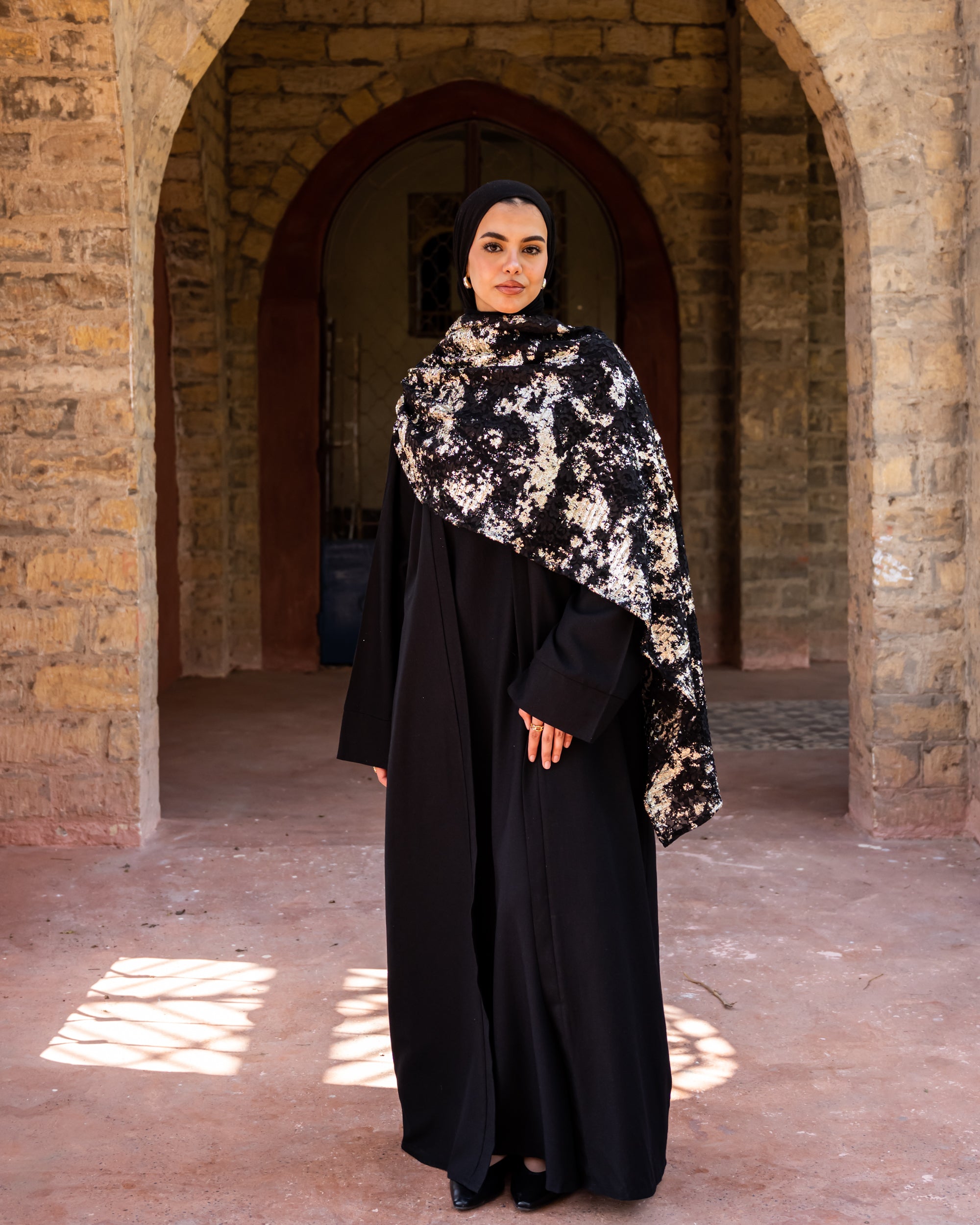 Linen Abaya With Lace scarf -  Black