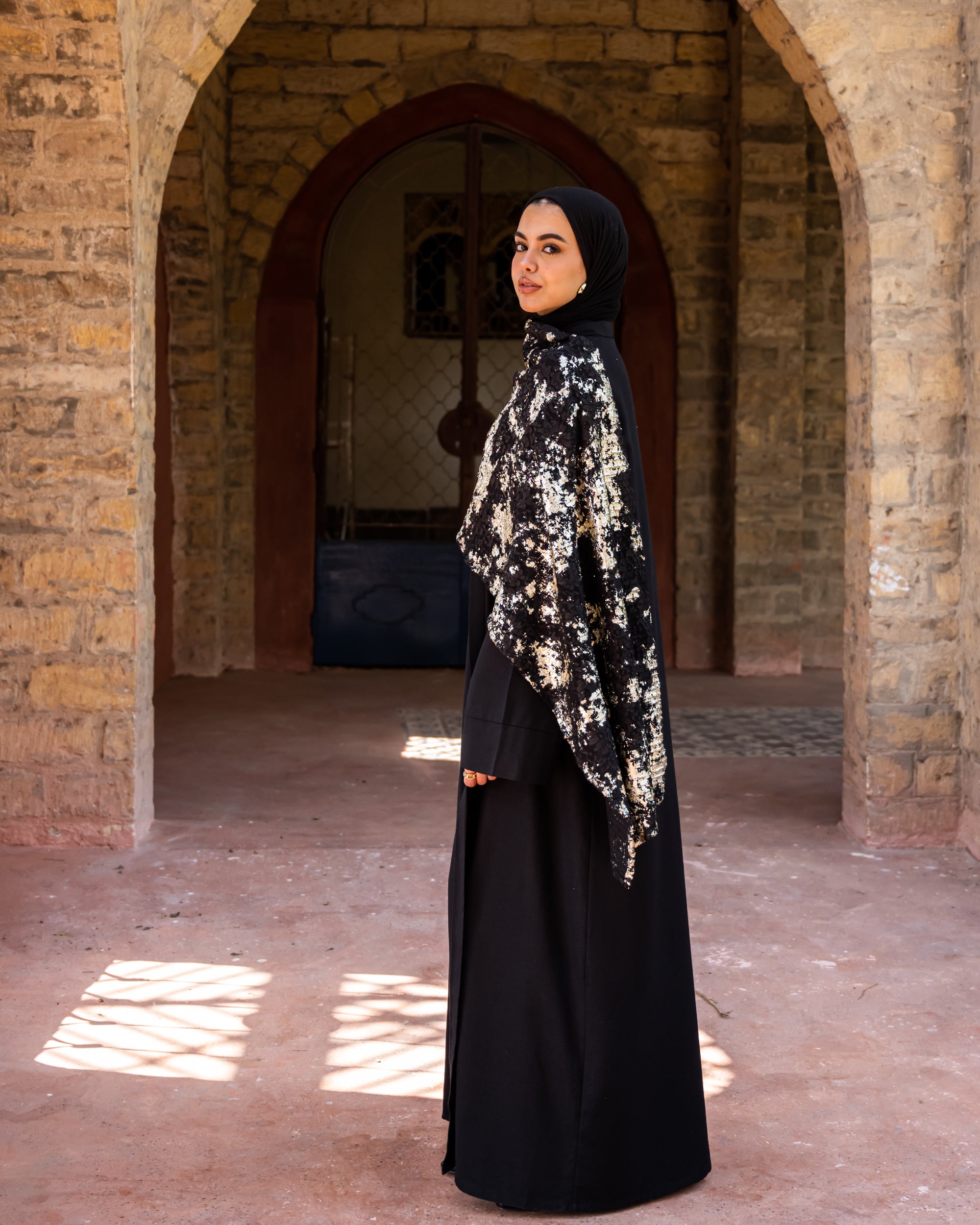 Linen Abaya With Lace scarf -  Black
