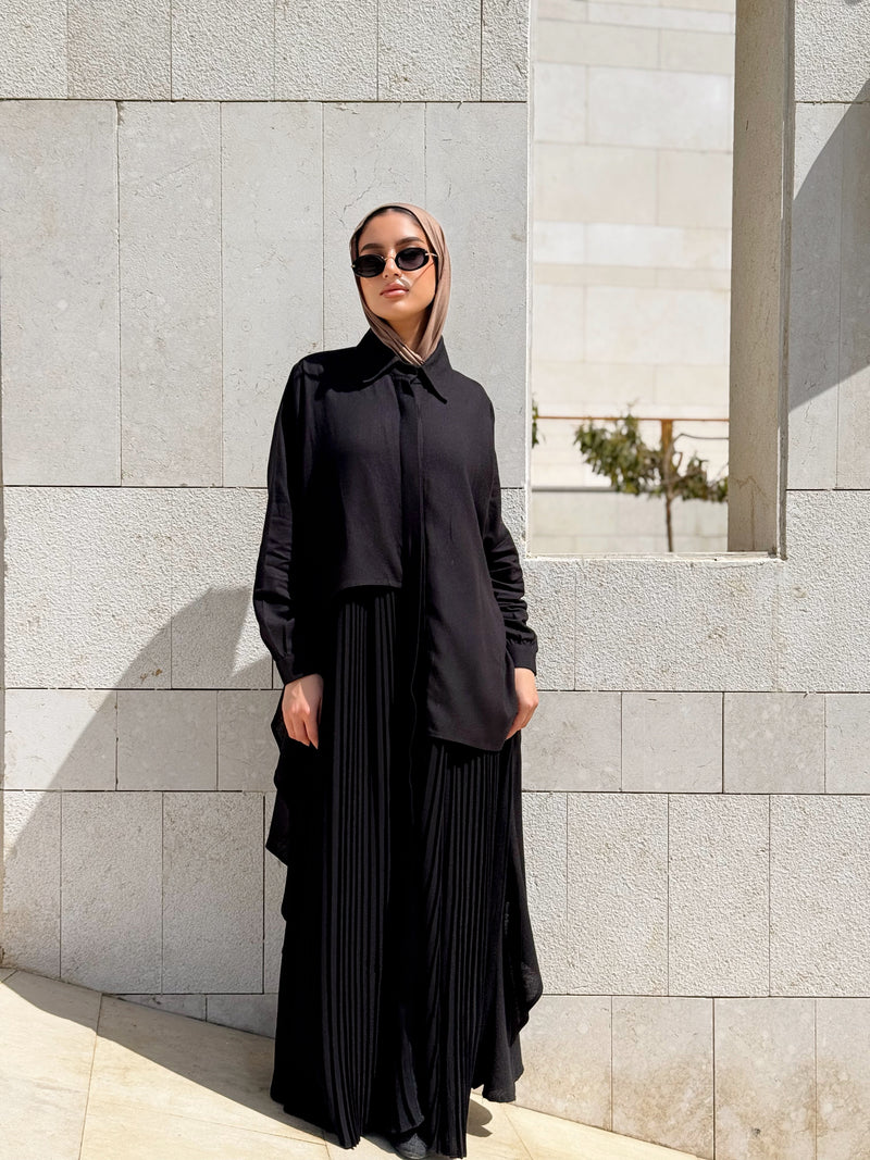 Linen Dress With Pleats - Black