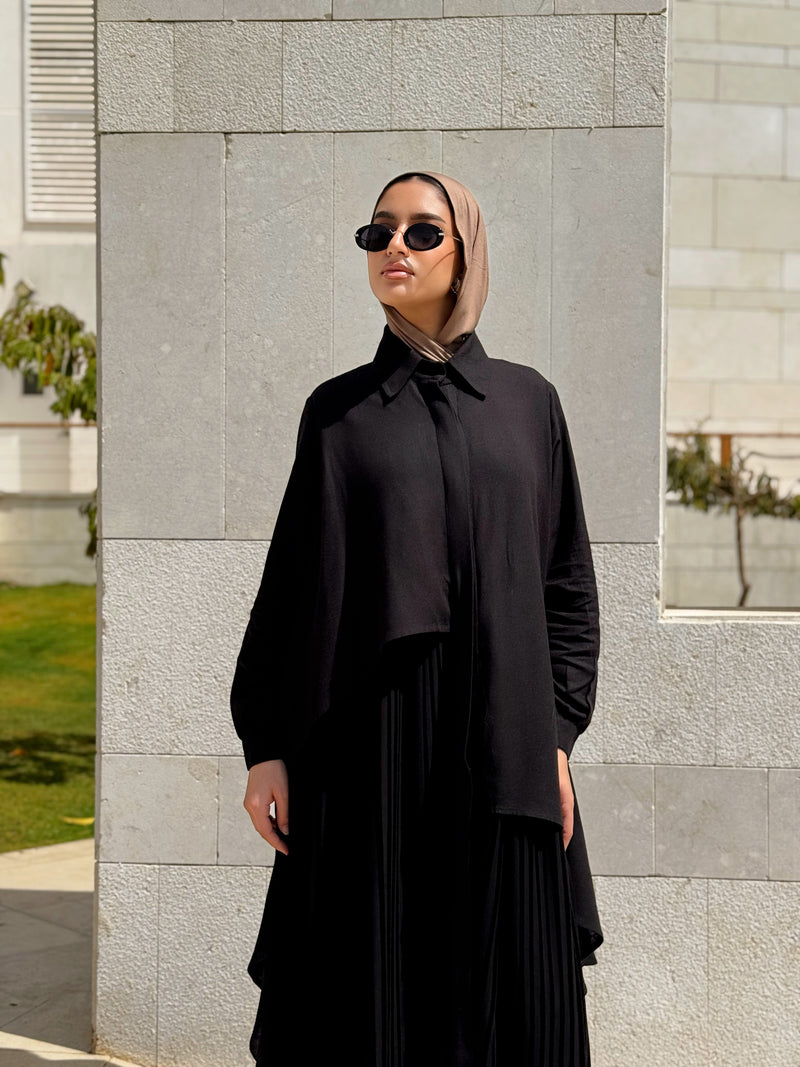 Linen Dress With Pleats - Black