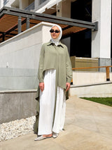 Linen Dress With Pleats - Olive