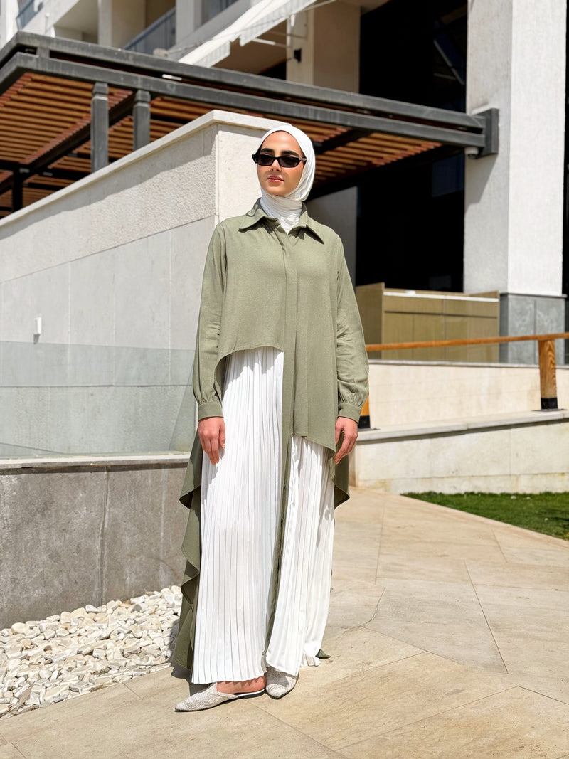 Linen Dress With Pleats - Olive
