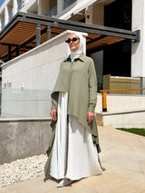 Linen Dress With Pleats - Olive