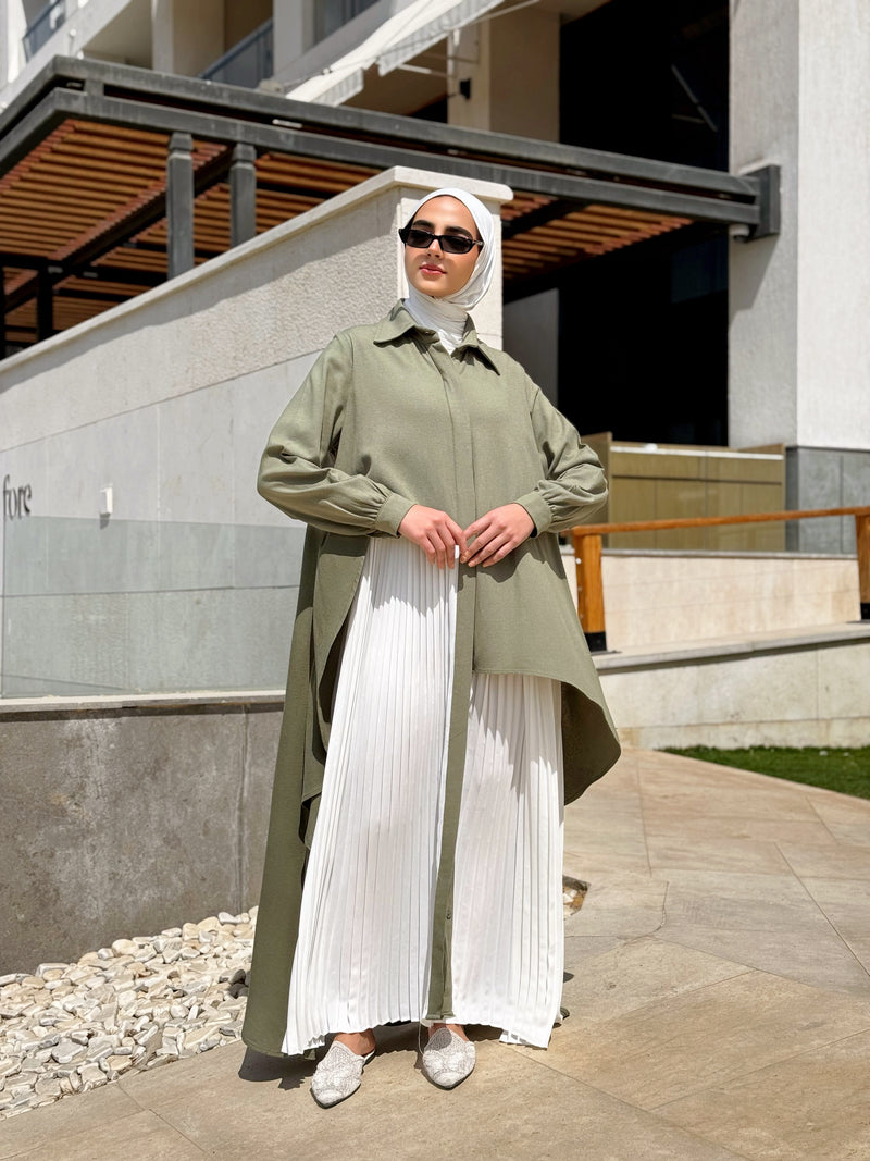Linen Dress With Pleats - Olive