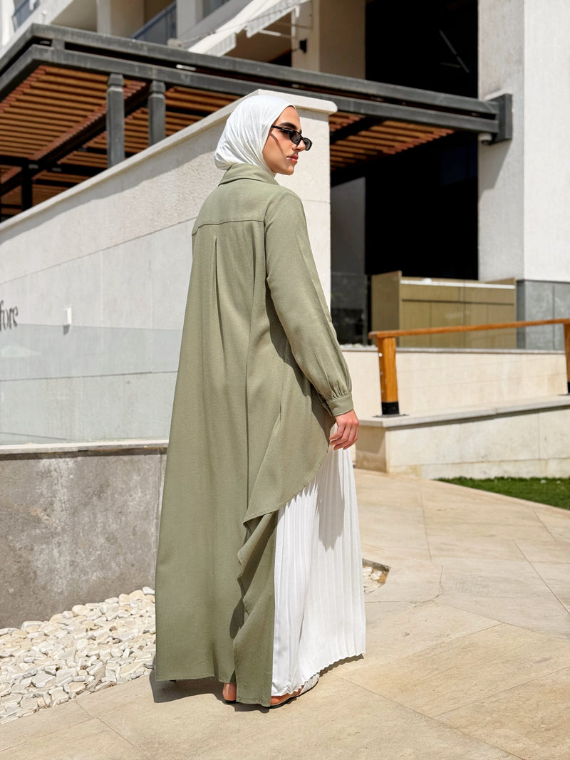 Linen Dress With Pleats - Olive