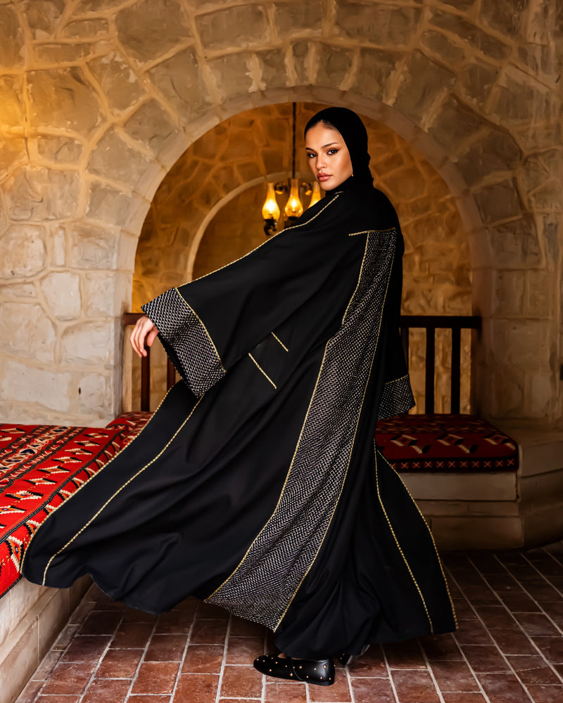 Linen Golden Piping Kaftan-Black