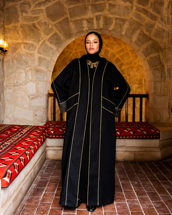 Linen Golden Piping Kaftan-Black