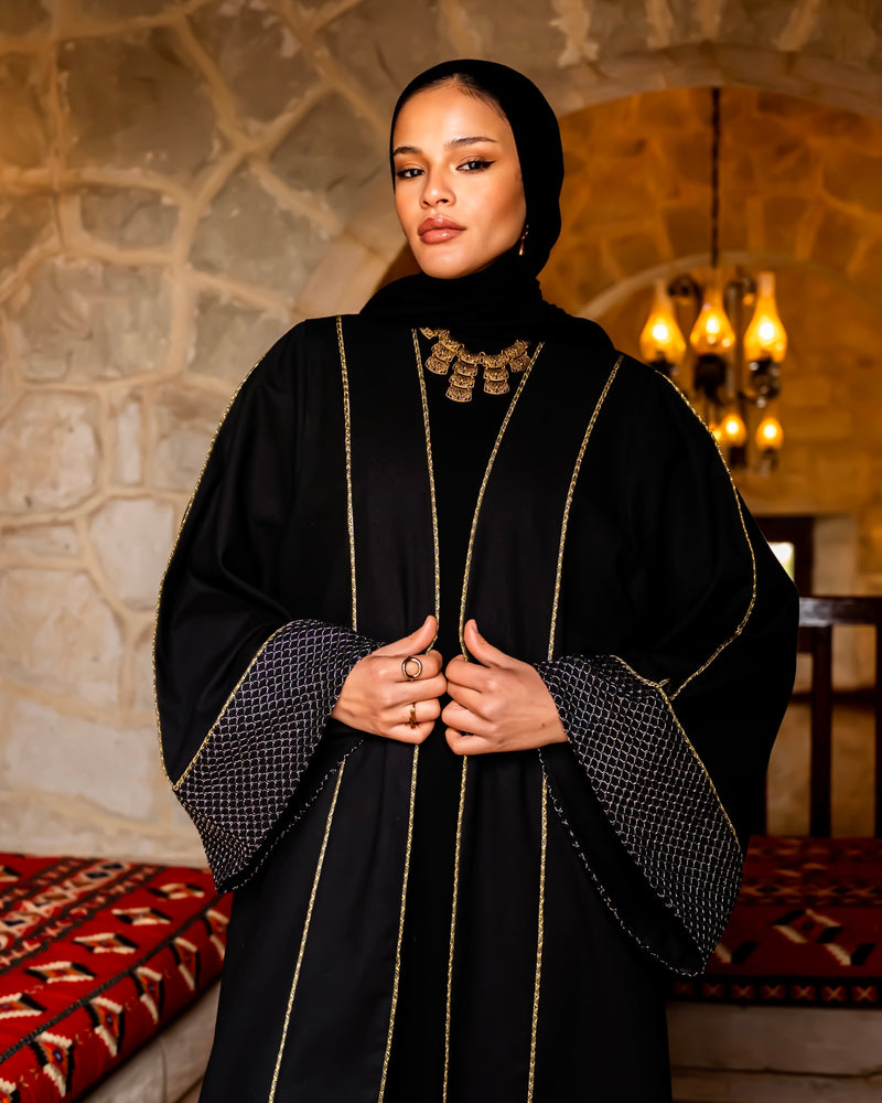 Linen Golden Piping Kaftan-Black