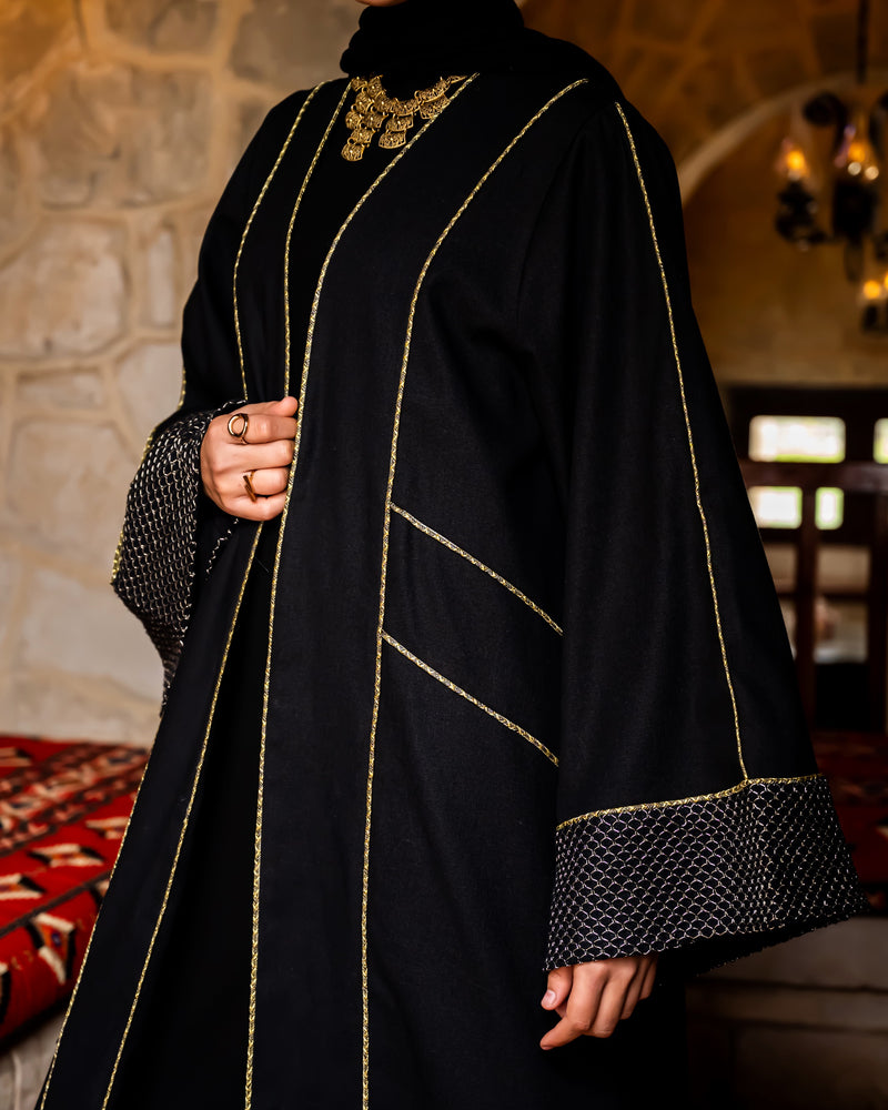 Linen Golden Piping Kaftan-Black