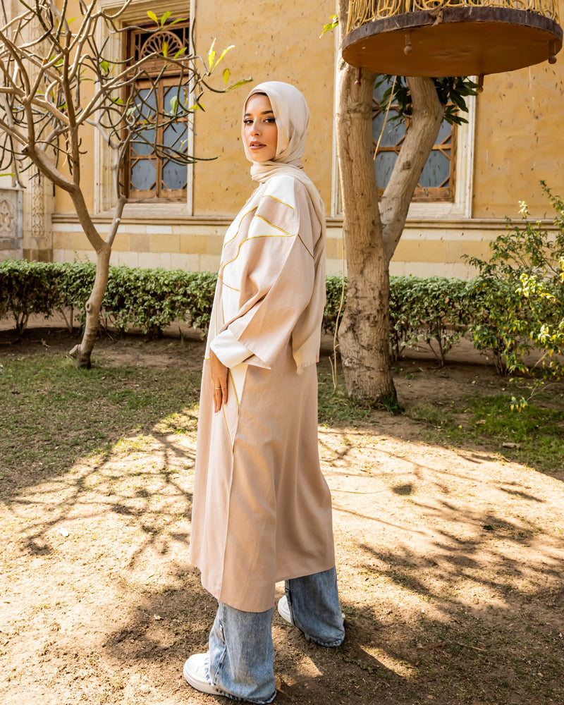 Linen Piped Cardigan-Beige