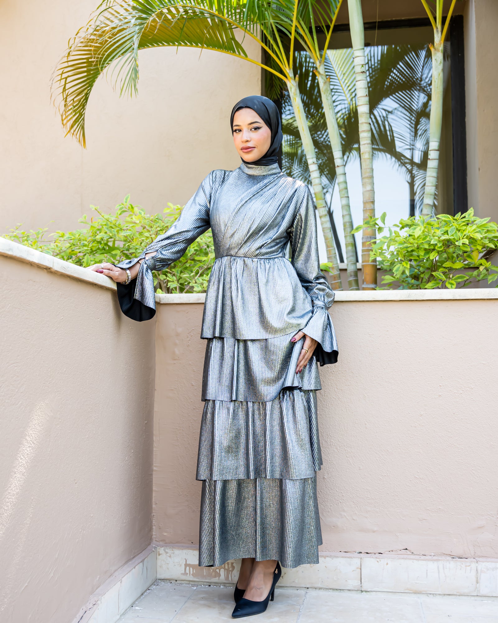 metallic grey dress Metallic Layered Dress