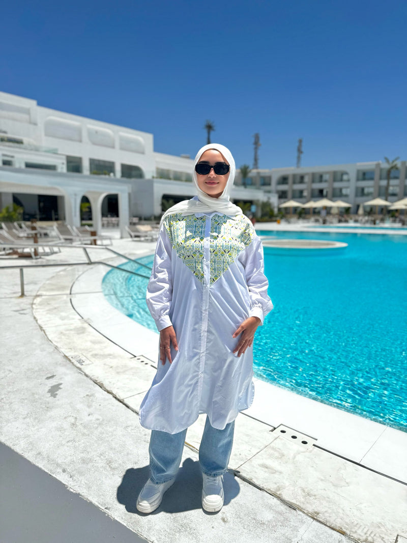 Mixed Fabric Shirt-White*Lime