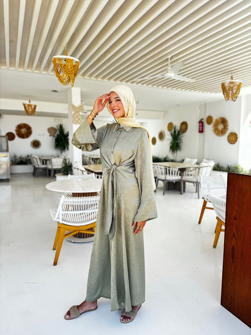 Overlap Tie Satin Dress-Olive