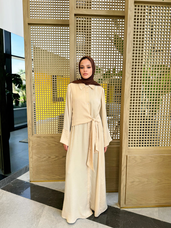 Overlap Tie Satin Dress - Beige