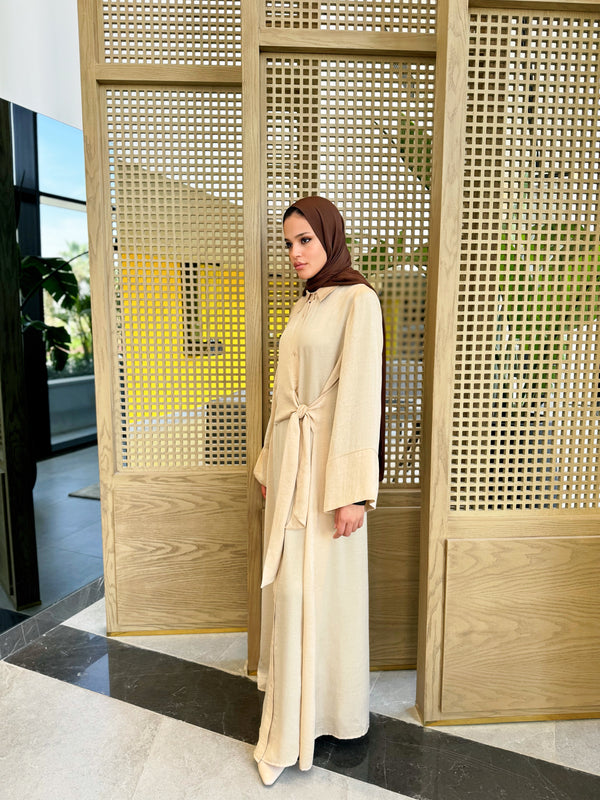 Overlap Tie Satin Dress - Beige